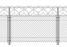 Realistic prison wall, chain fence with barb wire. 3d metal boundary security mesh with barbwire. War barrier construction vector background