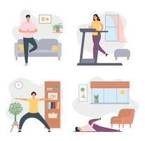 Home exercises. Male and female characters doing yoga. Woman training on treadmill, man stretching. Healthy lifestyle vector