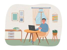 Man working online with laptop. Cheerful employee having distant job. Male character sitting at home and working remotely vector