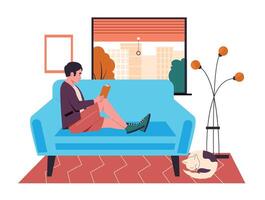 hombre leyendo libro en sofá a hogar vector