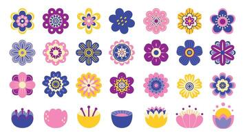 Clip art flowers. Cartoon cute stylized floral ornamental elements graphic template, girly kids illustration. Vector colorful daisy sticker and blossom symbols