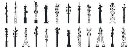 radio mástil siluetas contorno transmitir antena torres, comunicación tecnología tecnología equipo. vector conjunto