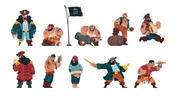 pirata caracteres. dibujos animados armado masculino bandido marineros, grupo fantasía marina villanos con espadas cañones catalejo y pirata bandera. vector aislado colección