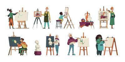 Artist characters at work. Cartoon creative artists at sketching and painting, master working with clay model, handcraft activity. Vector set