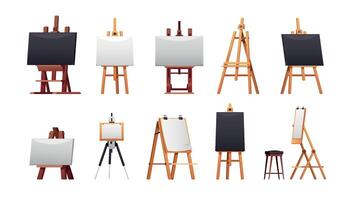 Easel collection. Blackboard chalkboard frames, blank canvas board for artist painting, studio study mockup. Vector set