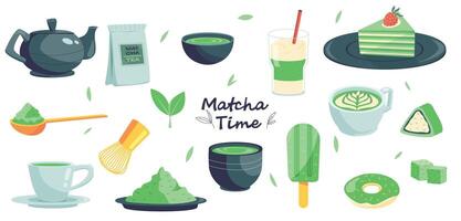 matcha té. tradicional asiático verde hoja bebida, mochi orgánico natural herbario ingredientes para té ceremonia dibujos animados plano estilo. vector aislado conjunto