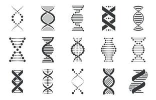 Black dna icons. Biotechnology and molecular biology abstract symbols, spiral genetic molecule sequence code for pharmacy and healthcare. Vector set