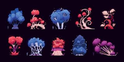 Fantasy trees. Cartoon bizarre forest with strange branches and leaves, comic bizarre flora icons for UI game design. Vector isolated set