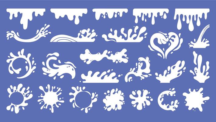 Cartoon milk stain. Falling milk drop shape, grocery logo of yoghurt liquid blots and splash, round spatter of various shapes. Vector white ink collection