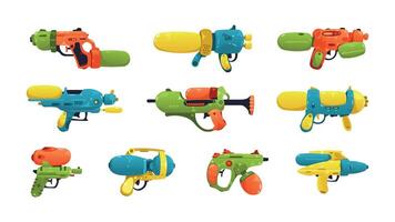 dibujos animados agua pistola. niños juguete armas, cómic el plastico infantil pistola equipo mojado disparar para verano juego, contento infancia. vector aislado conjunto