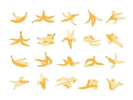 Banana peel. Cartoon organic waste template, colorful yellow flat banana skin, healthy food and diet failure concept. Vector fruit garbage isolated set