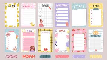 Planner list notes. Weekly to do lists and daily schedule with stickers and cute patterns. Checklist for goals and plans template vector set