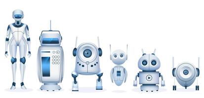 dibujos animados robot. futurista droides y máquina con artificial inteligencia tecnología. realista niños juguete robots y linda androides vector conjunto