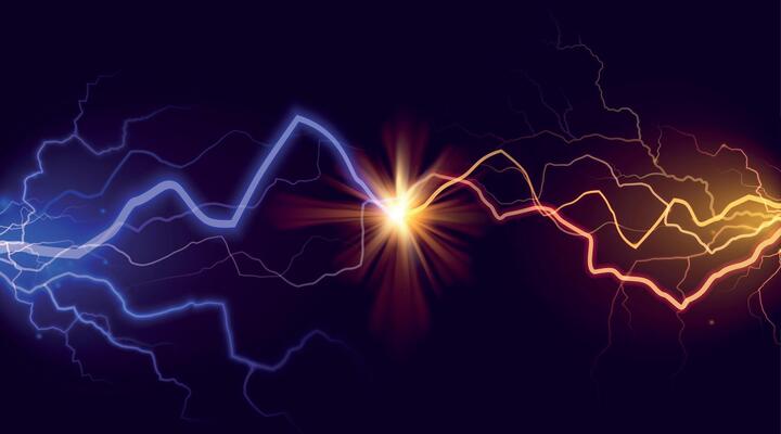Blue vs yellow electric power, lightning battle effect. Glowing trail , electric light flash. Hot and cold collision
