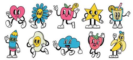 Trendy abstract cartoon characters in retro animation style. Bright comic heart, star, apple and pencil mascots with funny faces vector set