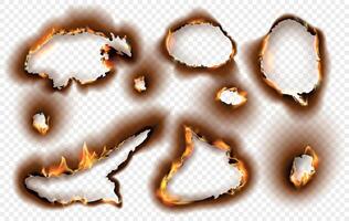 Paper holes with realistic burnt effect and fire flame. Burning torn charred edges with black ash. Scorched ripped hole circles vector set