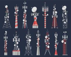 Antenna towers. Radio tower station for cell communication with wireless signal. Telecom network construction for mobile internet vector set