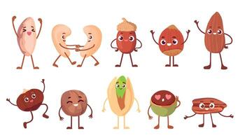 Cartoon funny nut, bean and seed characters with faces. Happy walnut, oak acorn, peanut, almond and cashew. Healthy snack mascot vector set