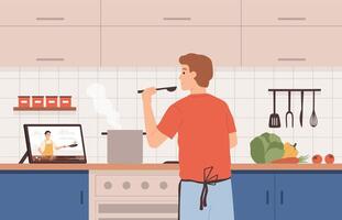 Watch video recipe. Man cooking at kitchen using online chef courses. Preparing food by tutorial, distance learning at home vector concept