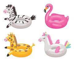 Cartoon swimming ring. Rubber inflatable toy of different shapes as zebra, flamingo, giraffe and unicorn vector