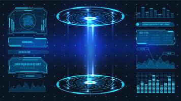 Futuristic platform. Hologram podium and digital data graphs and frames for product stand or game UI. Future technology sci fi vector stage