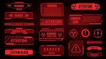 Futuristic HUD danger zone and alert caution screens. Warning and attention red hologram frames and signs. Cyber interface alarm vector set