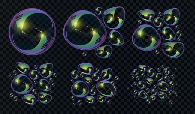 Realistic 3d soap bubbles and blobs break deformation. Glossy spheres with reflection. Transparent bath foam water bubble blowing vector set