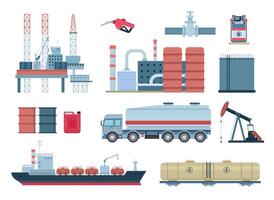 Oil industry and gas production elements, refinery and drilling platform. Fuel transportation, tank truck and ship. Petroleum rig vector set