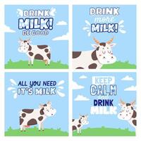 Drink cow milk. Posters with rural landscape, field, cows, splashes and drinking milk quotes. Farm animal and dairy product vector banners