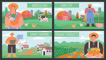 Farm banners. Posters with countryside agriculture landscape and farmers. Smart and eco farming technology. Organic farm products vector set