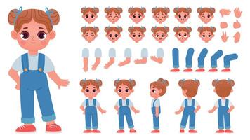 Cartoon little girl character constructor with gestures and emotions. Child mascot side and front view, body parts for animation vector set