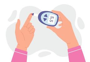 Blood glucose test. Hands hold glucometer and measures sugar level by finger stick. Diabetes monitoring and analysis device vector concept