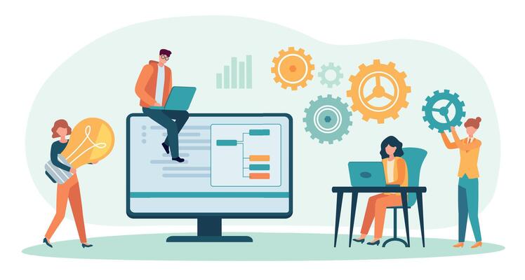Business people working together in team. Office workers collaborating, woman generating ideas, man working on laptop