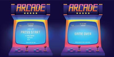 Arcade game screen. 80s retro start play and game over interface screen, vintage 1990s video gaming machine. Vector console monitor