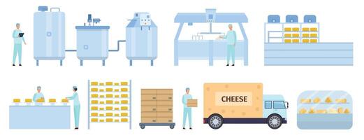 Flat cheese production manufacture factory with workers. Dairy product form process stages line. Cheese making machinery vector infographic