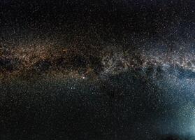 noche cielo, muchos estrellas con lechoso camino alrededor Cefeo y cygnus constelación, Andrómeda galaxia visible en inferior izquierda esquina. largo exposición apilado foto