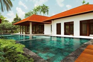 Luxury with tropical Jungle villa resort luxurious swimming pool. Generative AI illustration photo