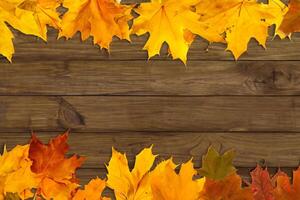 Autumn creative composition. Dried leaves on white background. Fall concept. Autumn background. Flat lay, top view, copy space old wood background photo