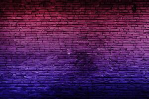 Neon light on brick walls that are not plastered background and texture. Lighting effect red and blue neon background of empty brick basement wall. photo