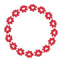 Doodle wreath with red heart flowers. Simple print for card, sticker, invitation, poster. Hand drawn vector illustration for decor and design.
