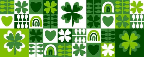 Saint Patricks Day horizontal banner with four leaf clover plants, rainbows and hearts. Geometric print for card, cup, mug, banner. Hand drawn vector illustration.