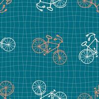 Groovy style bicycles seamless pattern on grid distorted background. Sport aesthetic print for fabric, paper, textile. Doodle vector illustration.