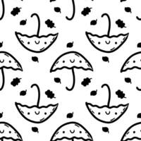 Monochrome autumn seamless pattern with doodle umbrellas and leaves. Perfect print for paper, textile and fabric. Hand drawn vector illustration.