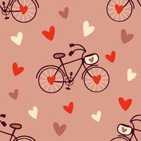 Cute seamless pattern for Valentine Day with hearts and bicycles. Perfect print for paper, textile and fabric. Doodle vector illustration.