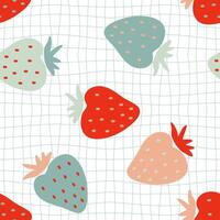 Groovy style strawberries seamless pattern on grid distorted background. Hippie aesthetic print for fabric, paper, textile. Hand drawn geometric vector illustration.