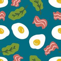 Breakfast Duo Pattern seamless pattern with fried eggs, bacon and salad. Great design for any purposes. Hand drawn vector illustration.