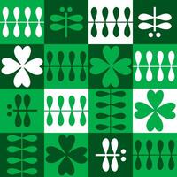 Swiss style seamless pattern with four leaf clovers and dragonflies. St Patricks Day print for card, paper, fabric, textile. Hand drawn vector illustration.