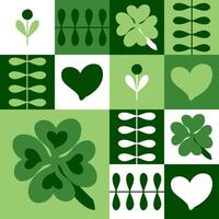 Spring seamless pattern with four leaf clover plants, flowers and hearts. Saint Patricks Day print for card, paper, fabric, textile. Hand drawn vector illustration.