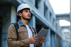 AI generated a young man in a hard hat holding a tablet photo