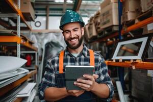 AI generated a smiling man in a hard hat holding a tablet photo